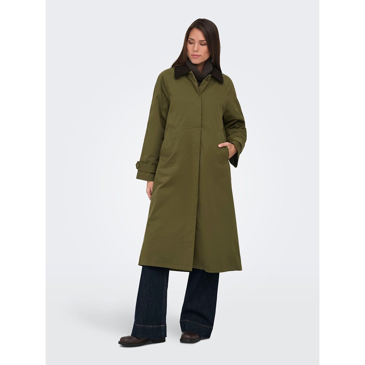 Long Dual Fabric Polo Collar Trench Coat khaki green, ONLY
