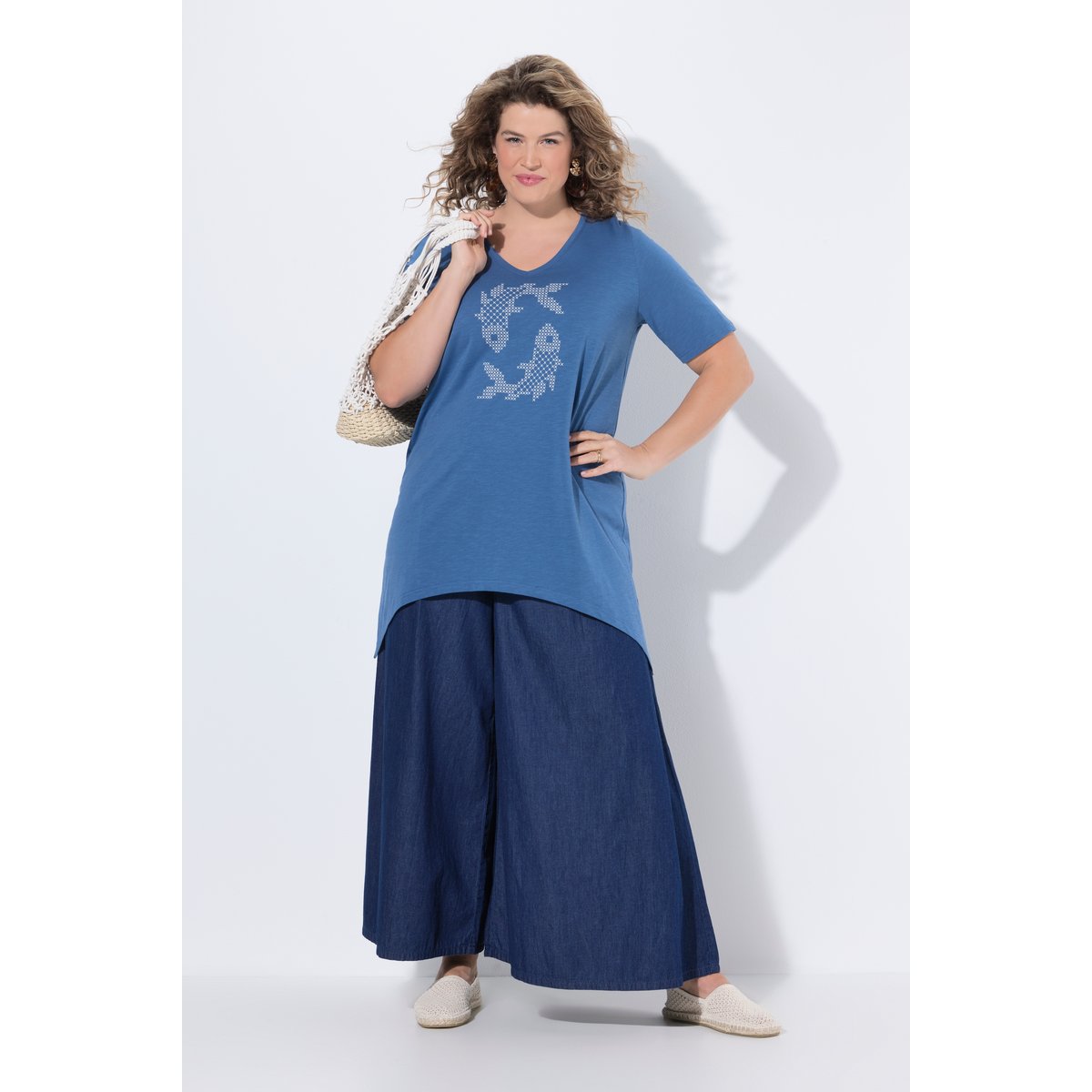 T-shirt en coton bio, motif poissons bleu jean, ULLA POPKEN