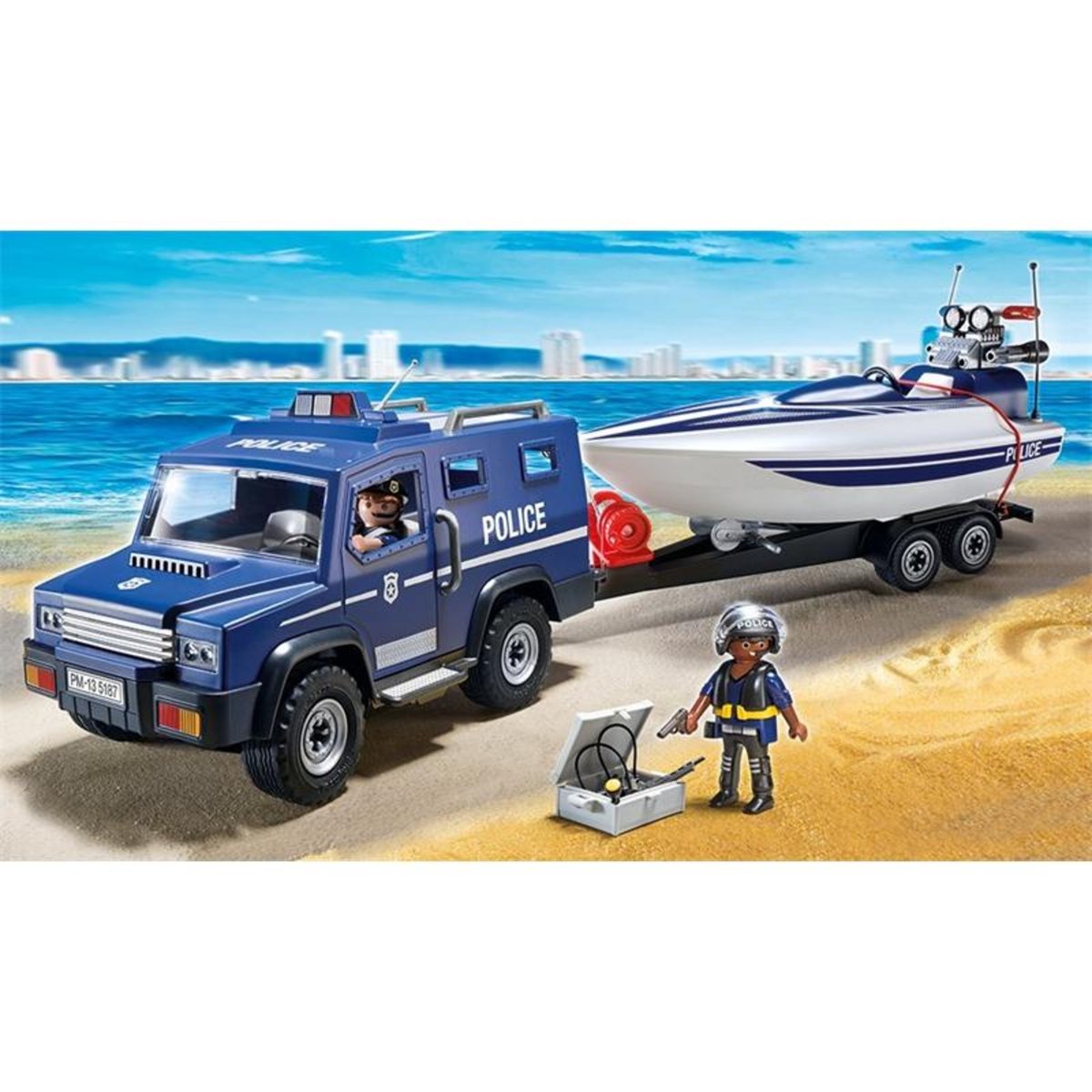 Fourgon et vedette de policeAvec moteur submersible multicolore, PLAYMOBIL