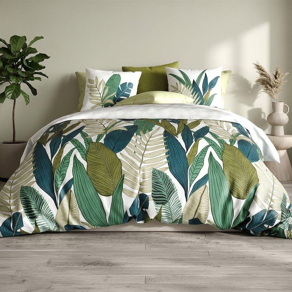 Parure housse de couette imprimée avec taie(s) coton, BELEME vert, ATELIER DU COTON