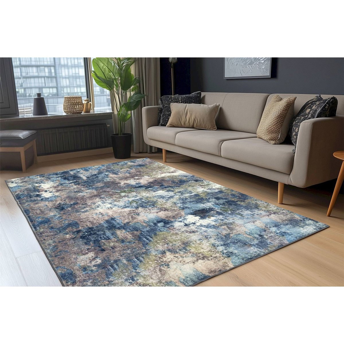 Tapis rectangulaire à poil court bleu acier multicolore effet patiné, ARTE ESPINA