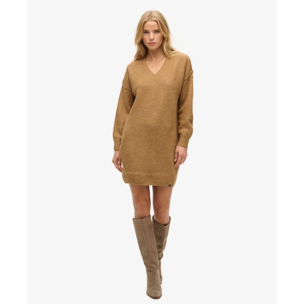 Robe pull en maille à col en V beige peau chiné, SUPERDRY