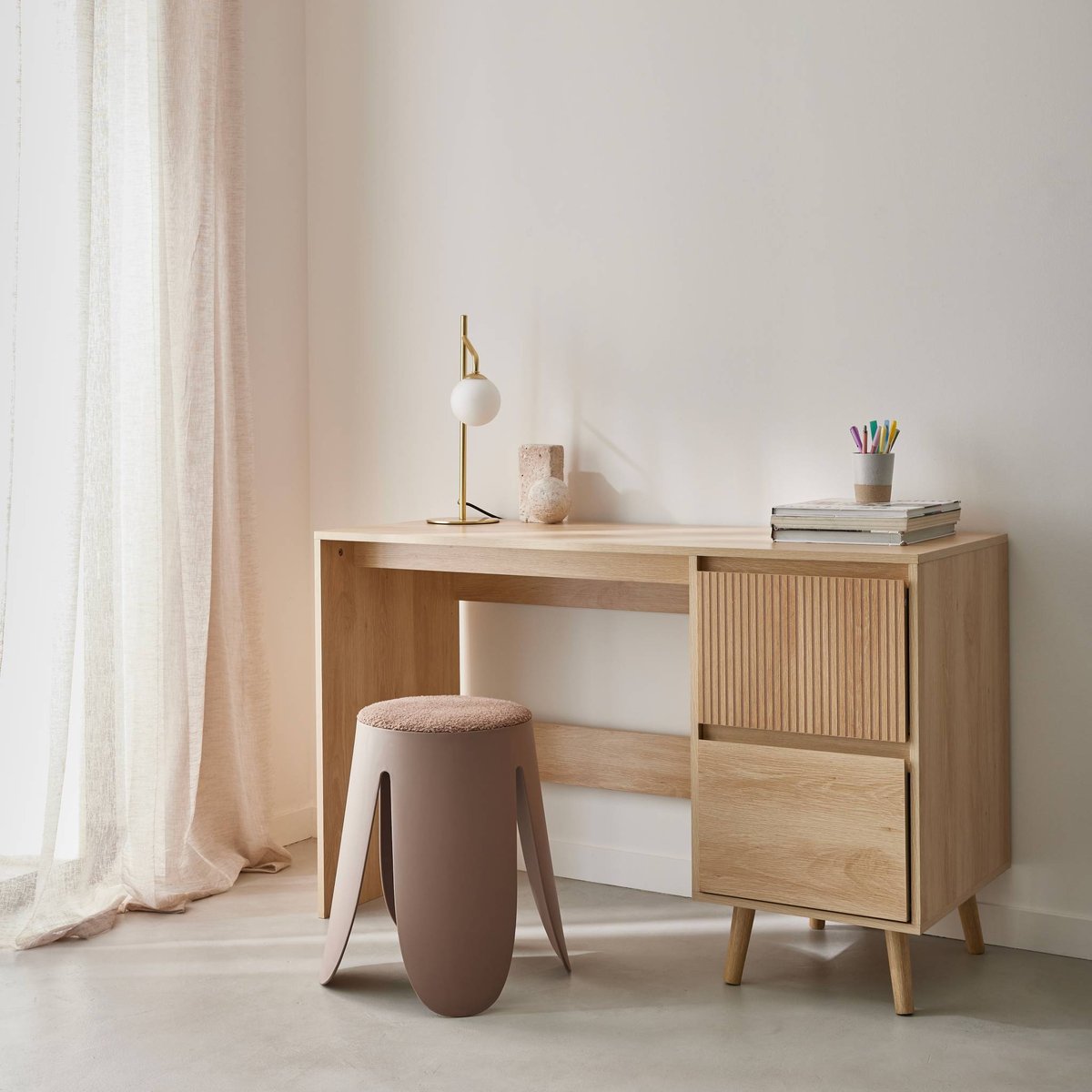 Bureau scandinave décor bois 2 tiroirs LINEAR naturel, SWEEEK