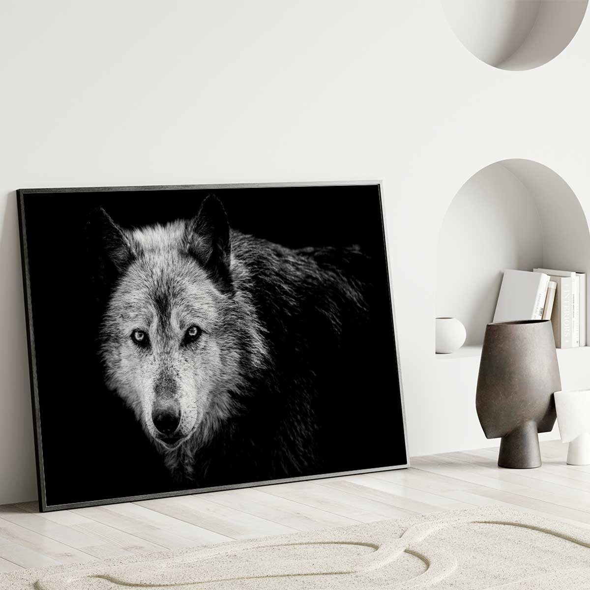 Affiche encadrée lion noir et blanc au regard bleu affiche + cadre en métal - noir, HEXOA