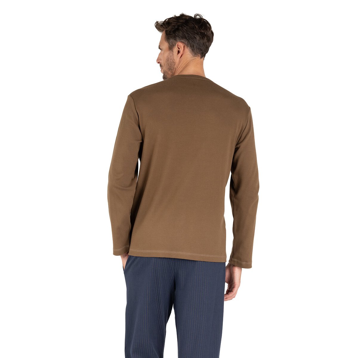 Pyjama en interlock, pantalon rayé marron/bleu marine, EMINENCE