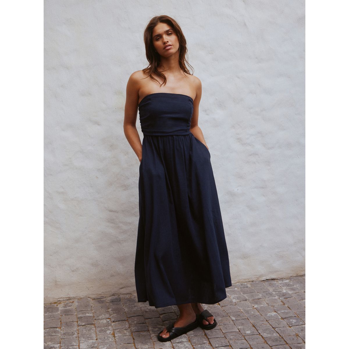 Robe bandeau mi-longue froncée bleu marine, NEXT