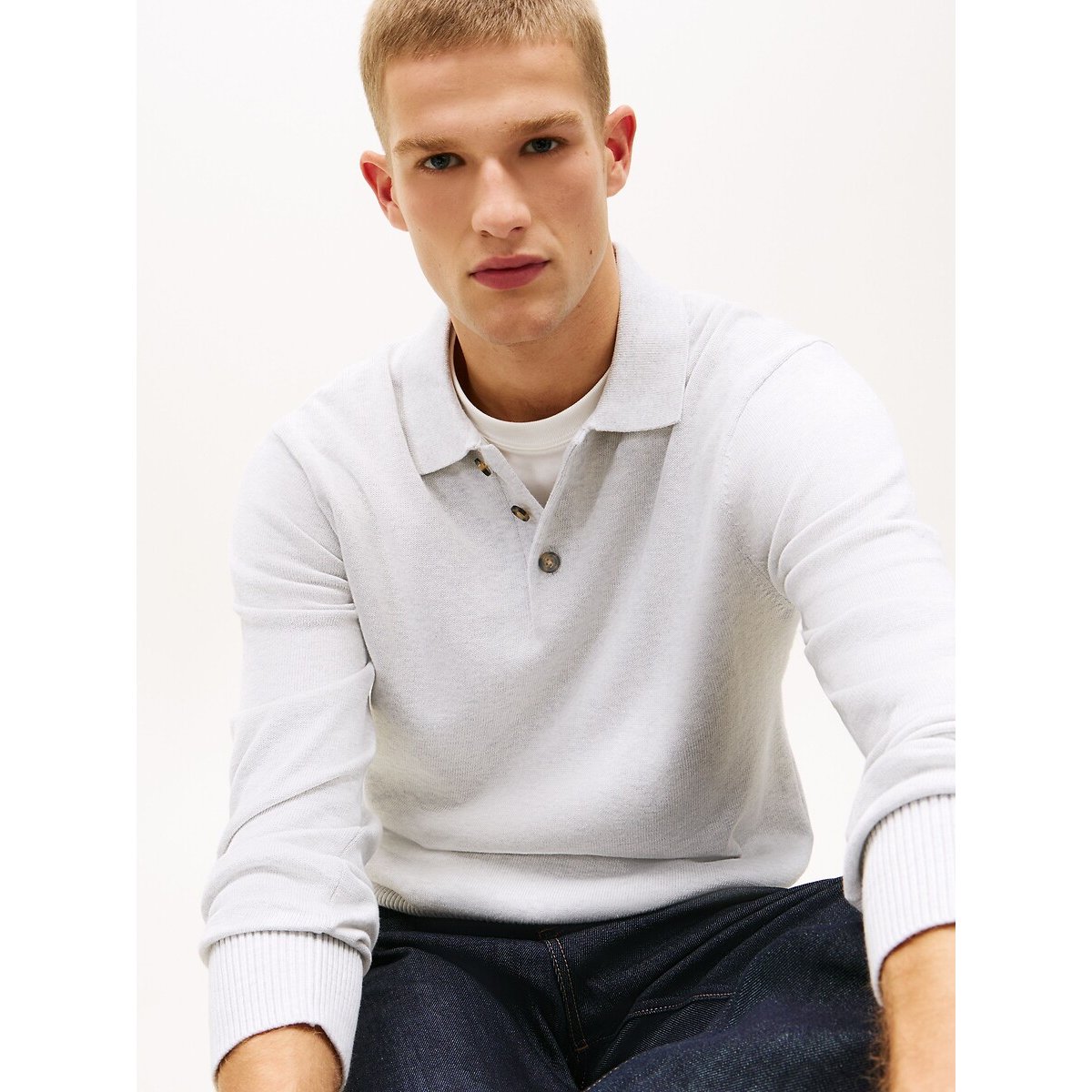Pull à col boutonné gris chiné, TOMMY JEANS