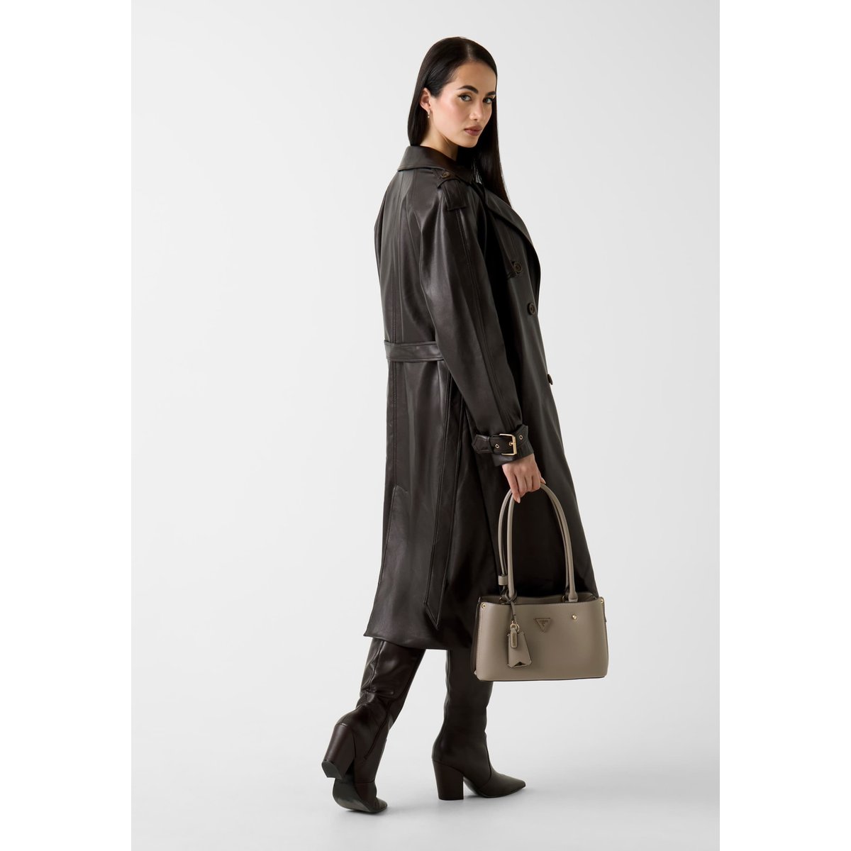 Trench Long En Simili Cuir marron multi, GUESS