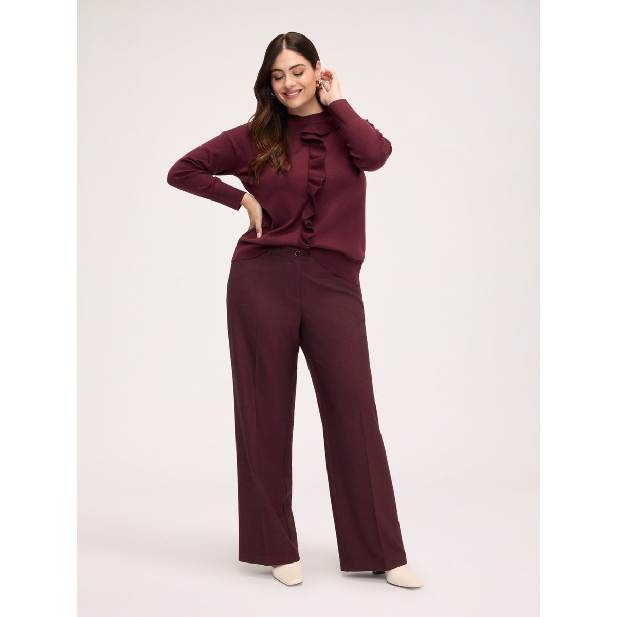 Pull col rond avec volant burgundy, FIORELLA RUBINO