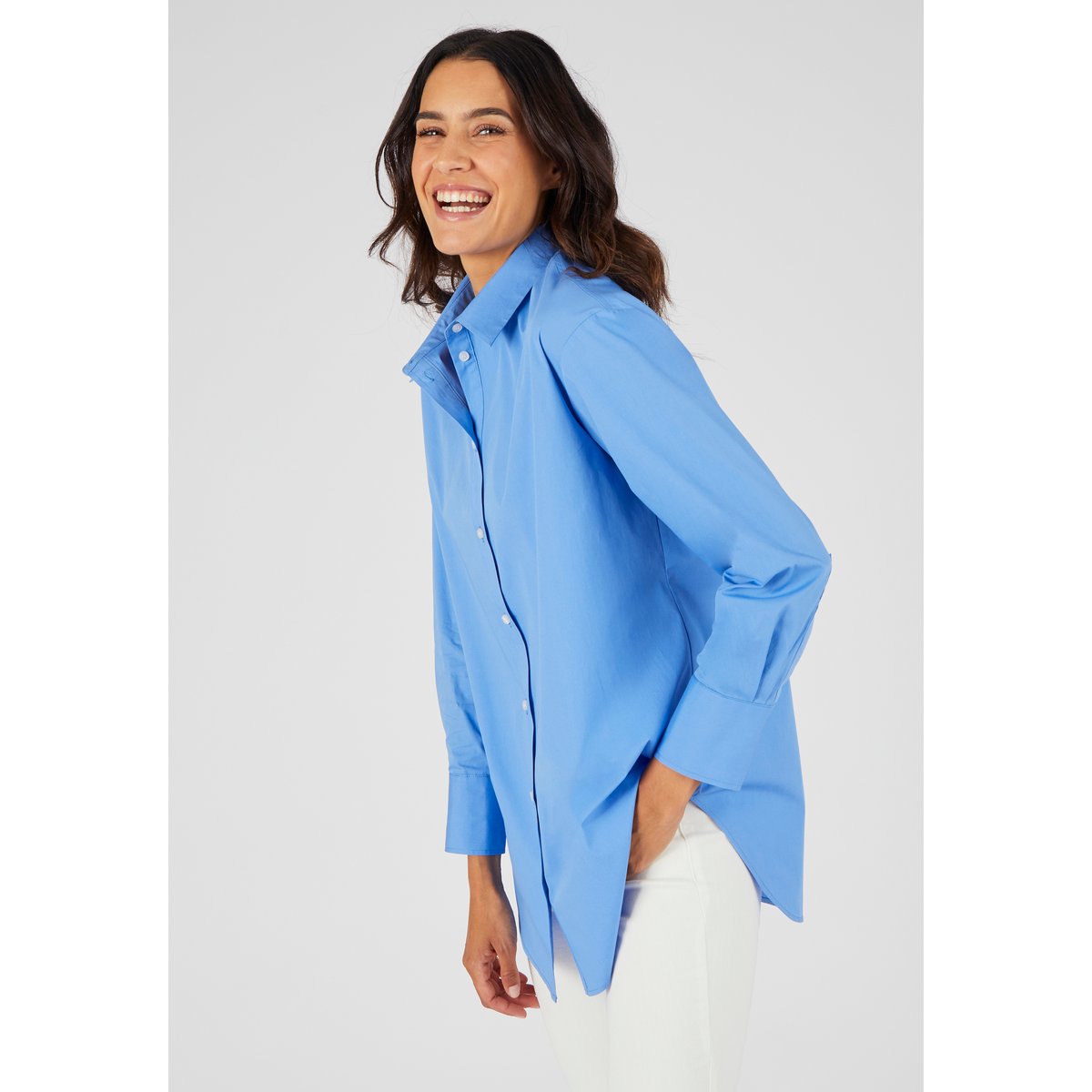 Maxi-chemise popeline unie bleu, DAMART