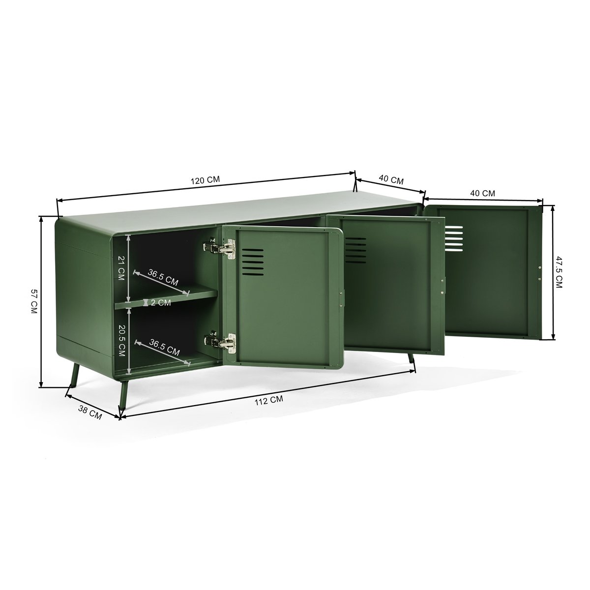 Armoire de rangement avec 3 portes et 2 couches en métal industriel, WALNUTCABINET vert foncé, MEUBLES COSY