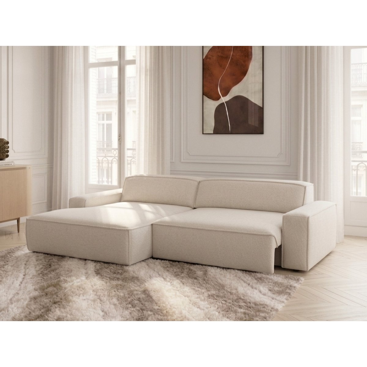 Canapé d'angle convertible 3 places en tissu chiné, ABEL beige, BOBOCHIC