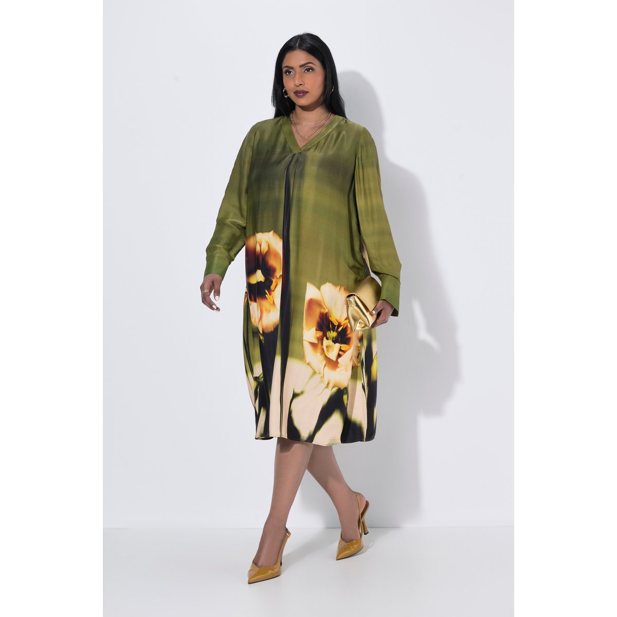 Robe midi à fleurs, coupe évasée kaki foncé, ULLA POPKEN