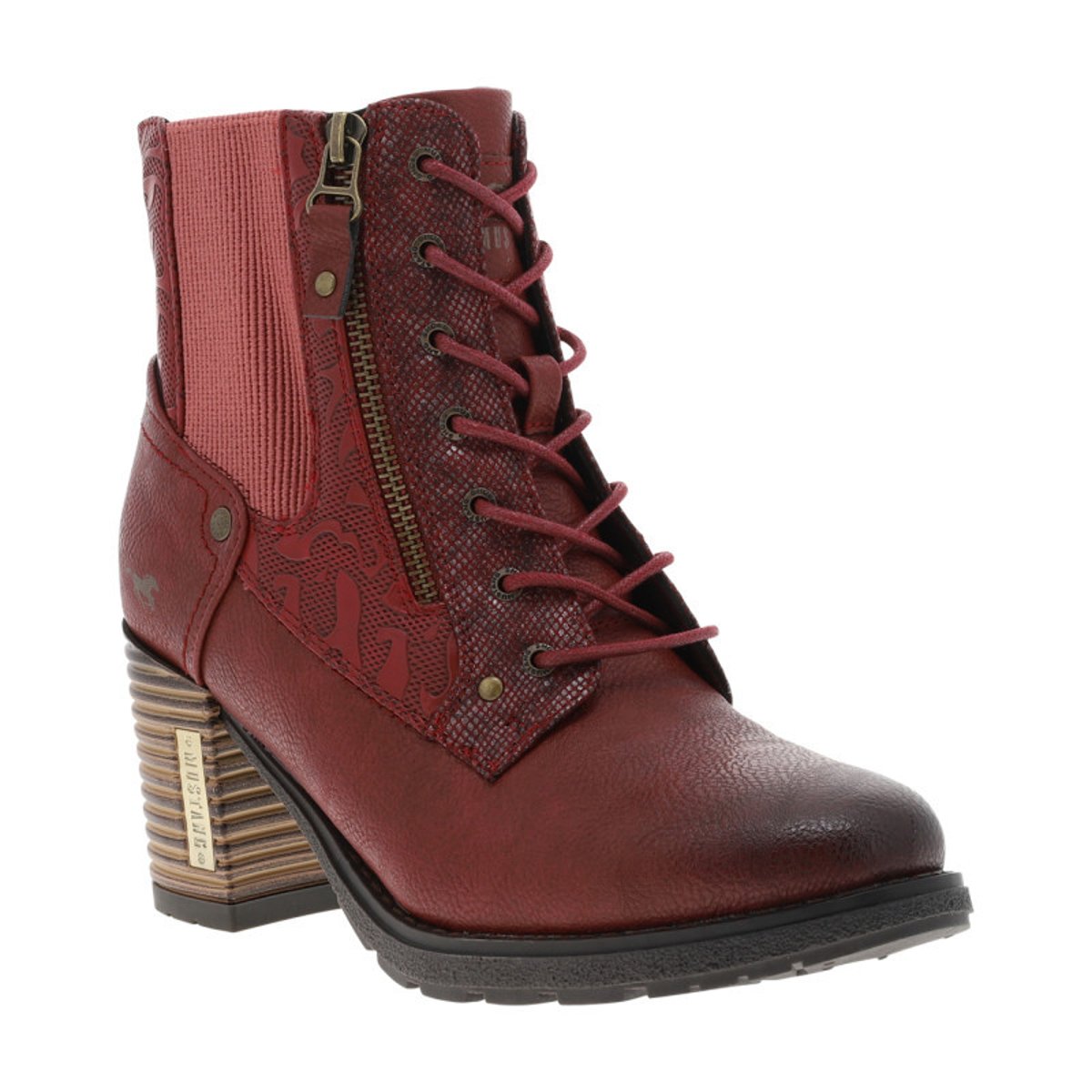 Bottines kaki à talon décroché haut avec un zip et des lacets ronds bordeaux, MUSTANG