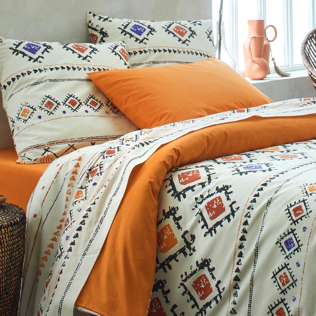 Parure housse de couette en coton imprimée, Cleta multico beige, C DESIGN HOME TEXTILE