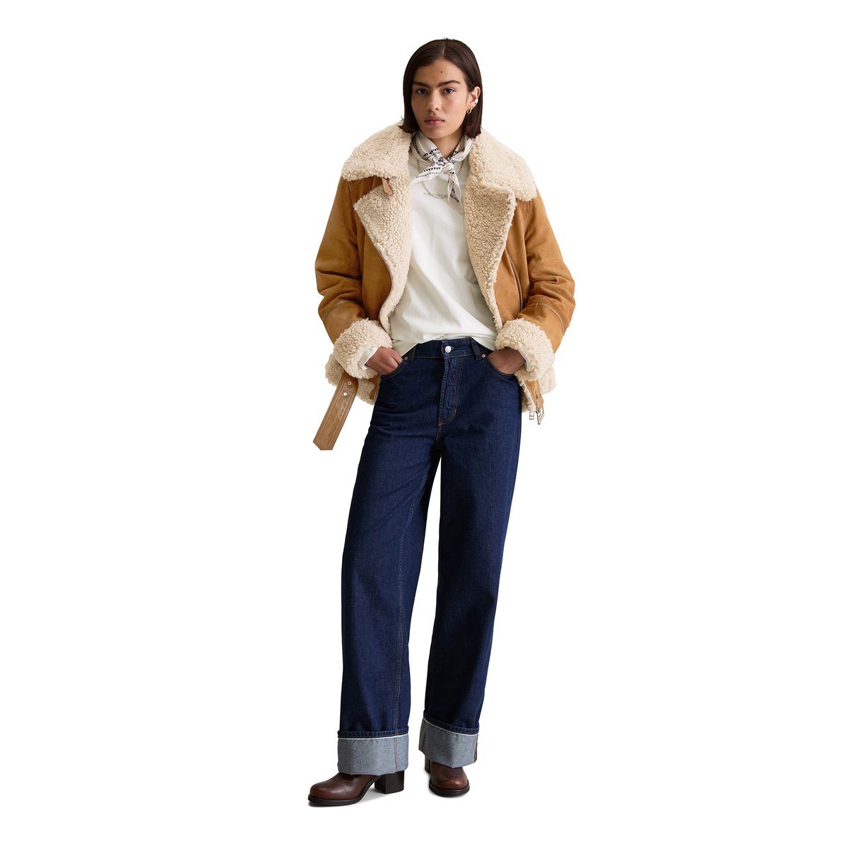 Veste en cuir velours régulière avec peluche Teddy marron, MARC O’POLO DENIM