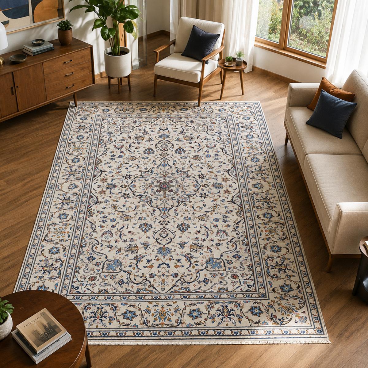 Tapis d'orient, motif oriental noué main en laine, KASHAN 2 crème, bleu, marron, UN AMOUR DE TAPIS