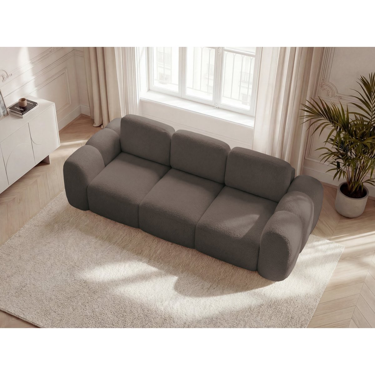 Canapé droit convertible 3 places en tissu bouclette, MONTAIGNE marron, BOBOCHIC