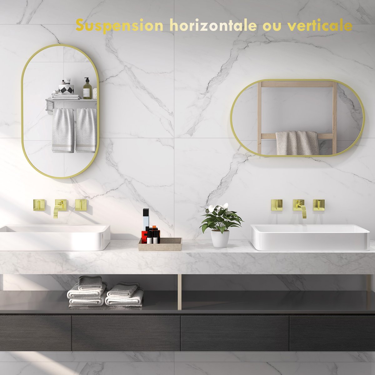 Miroir de salle de bains Alliage d'aluminium jaune, HOMCOM