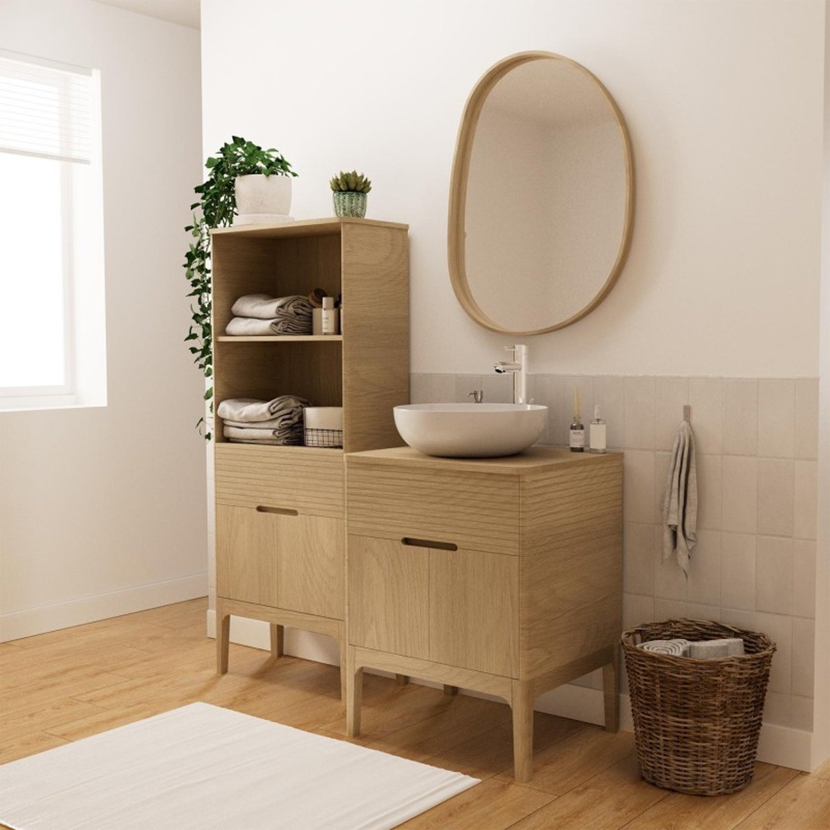 Meuble simple+vasque+rob+miroir+col ALASKA chêne, MOB IN