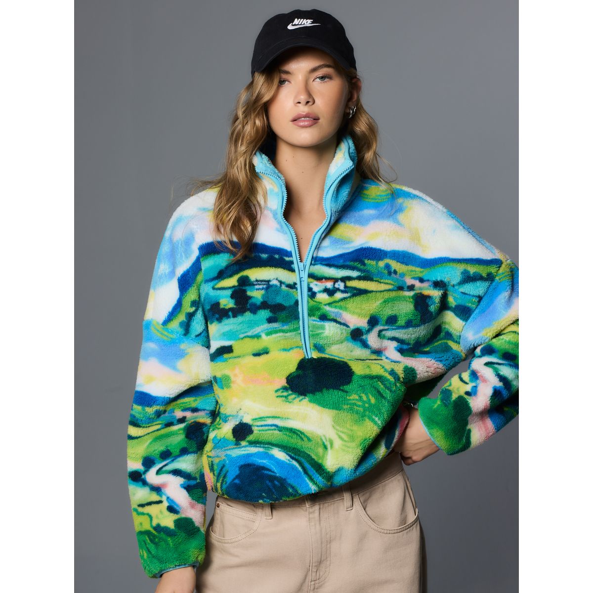 Veste confortable semi-zippée en peau lainée imprimé scénic bleu, NEXT