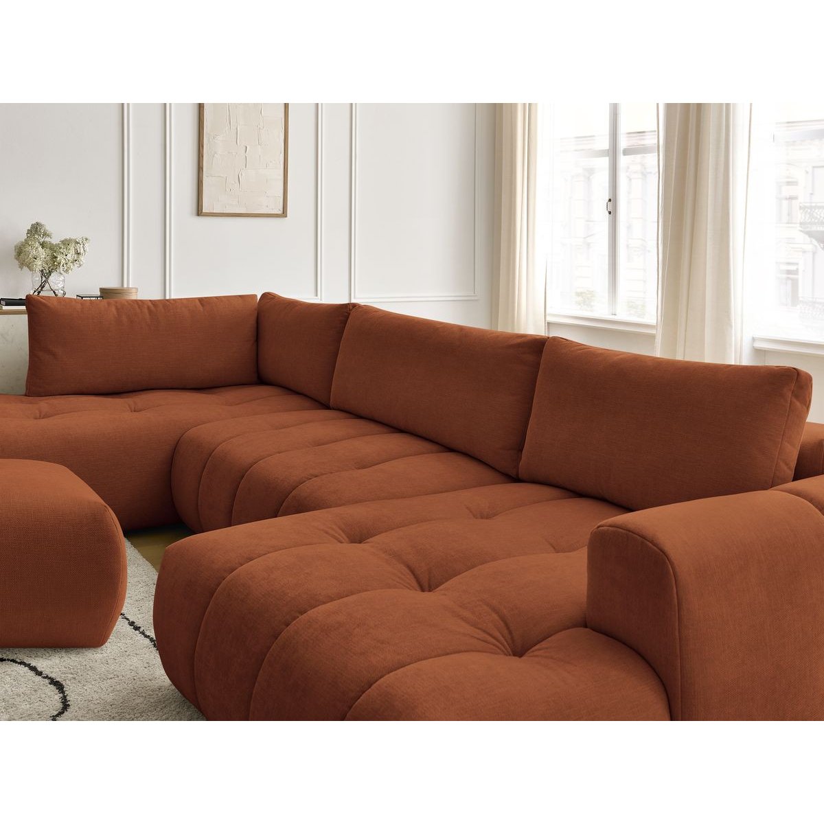 Canapé panoramique convertible 5 places en tissu lisse avec pouf, FUJI orange, BOBOCHIC