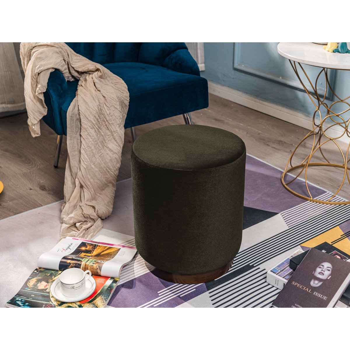 Pouf velours et bois, SOKA marron chocolat, NORDLYS