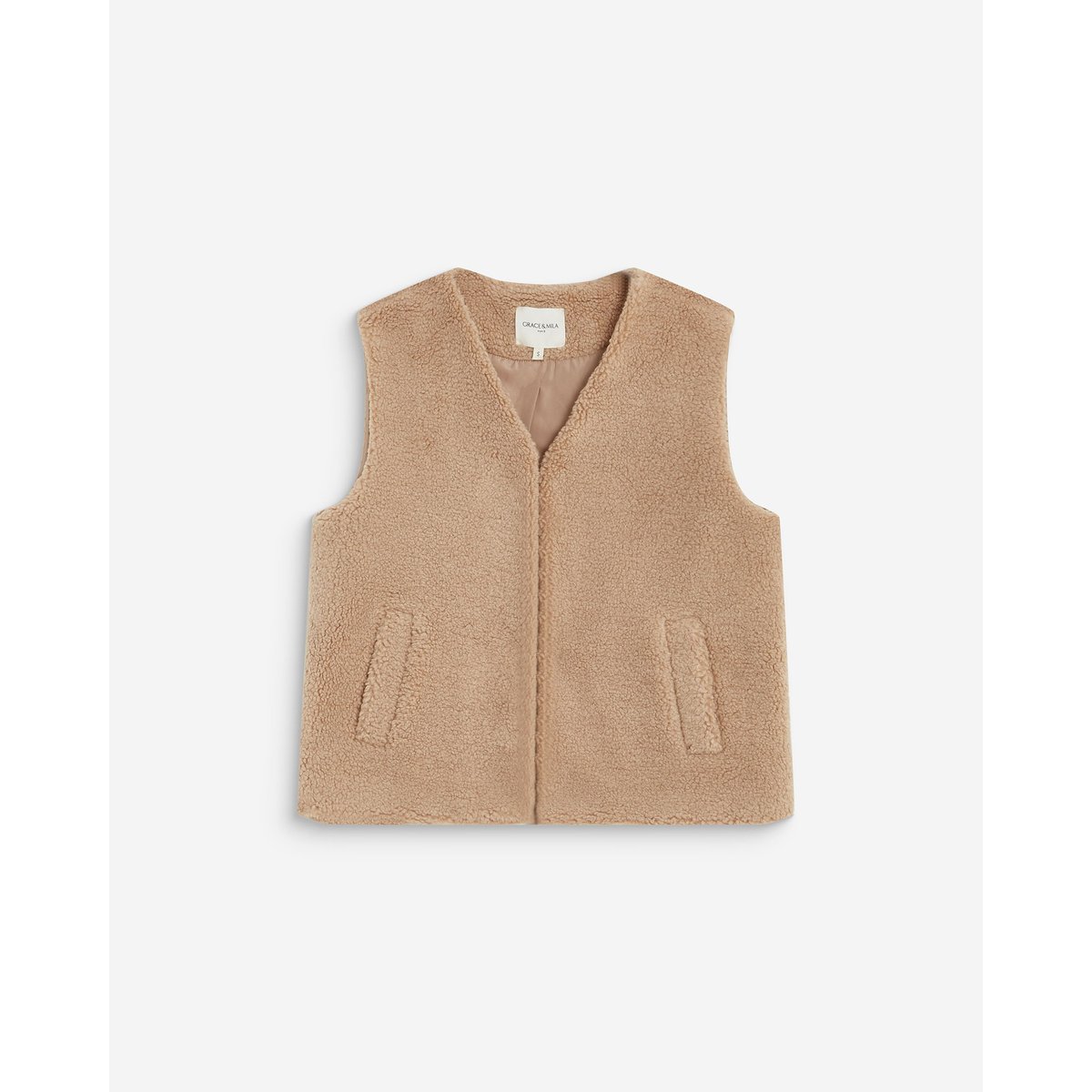 Veste sans manches en fausse shearling beige Avery beige, GRACE & MILA