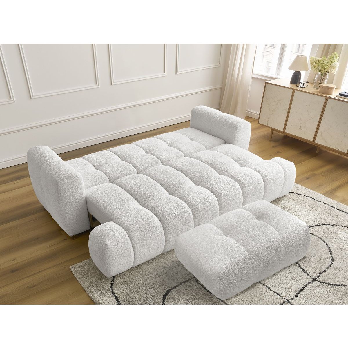 Canapé droit convertible 3 places en tissu bouclette avec pouf, FUJI blanc, BOBOCHIC