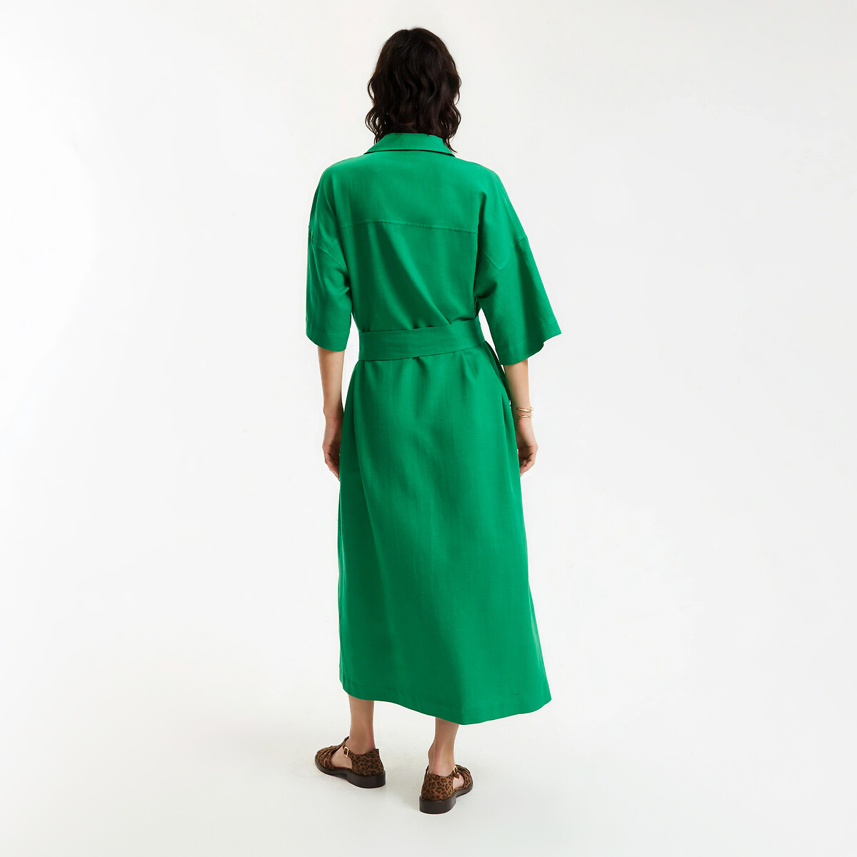 Robe chemise longue manches coudes ceinturée vert, LA REDOUTE COLLECTIONS
