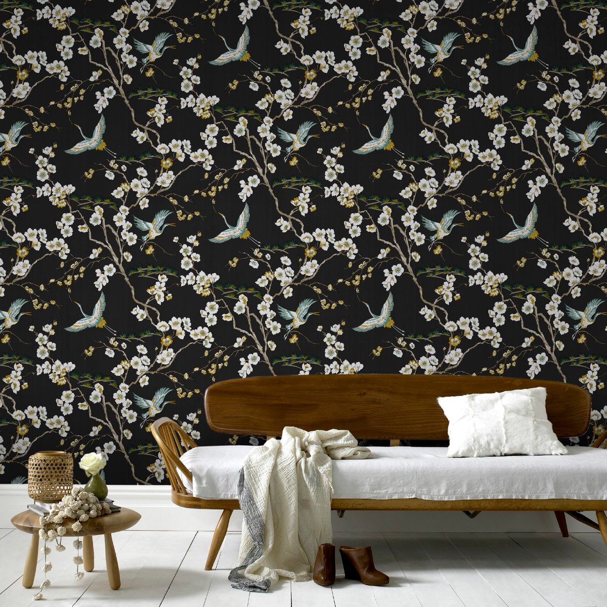 Papier peint Oiseaux Japonais noir/vert, SUBLIME