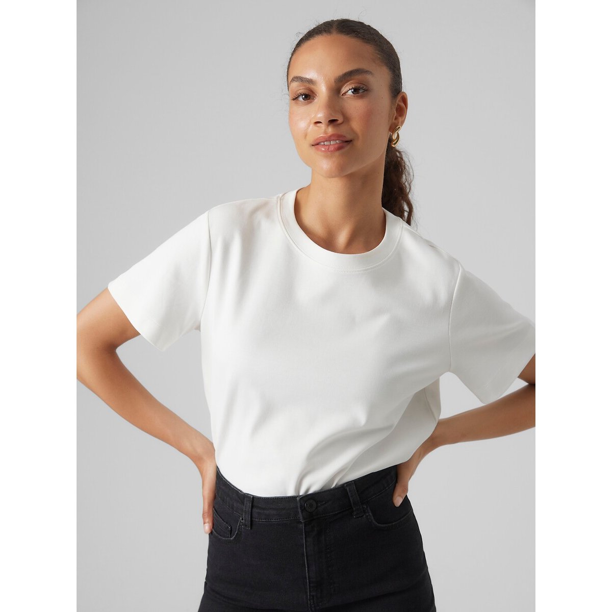 T-shirt col rond, à manches courtes blanc, VERO MODA
