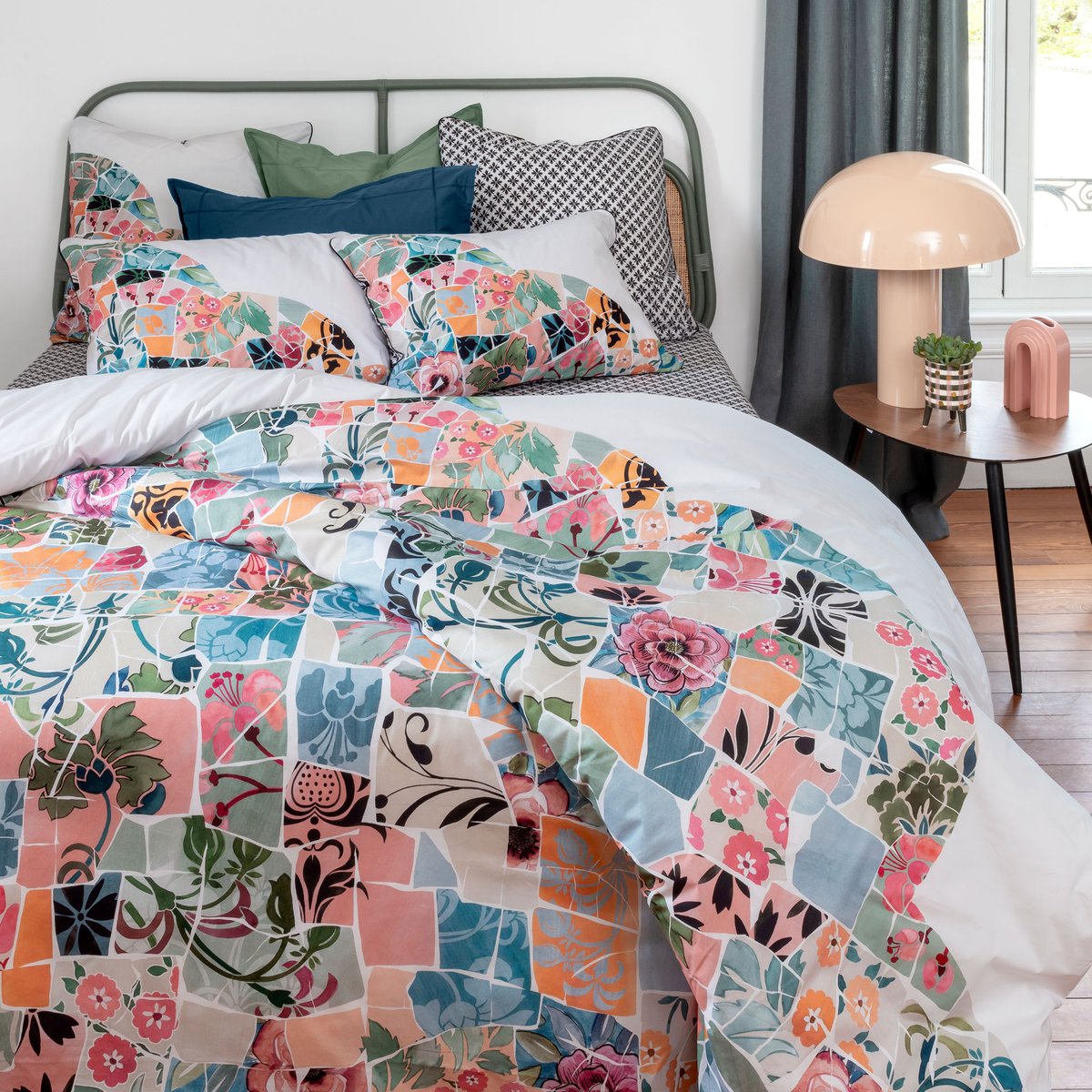 Housse de couette réversible percale de coton AZULEJOS imprimé, CARRE BLANC