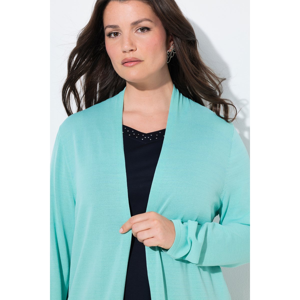 Cardigan long à col montant. Coupe ouverte turquoise clair, ULLA POPKEN