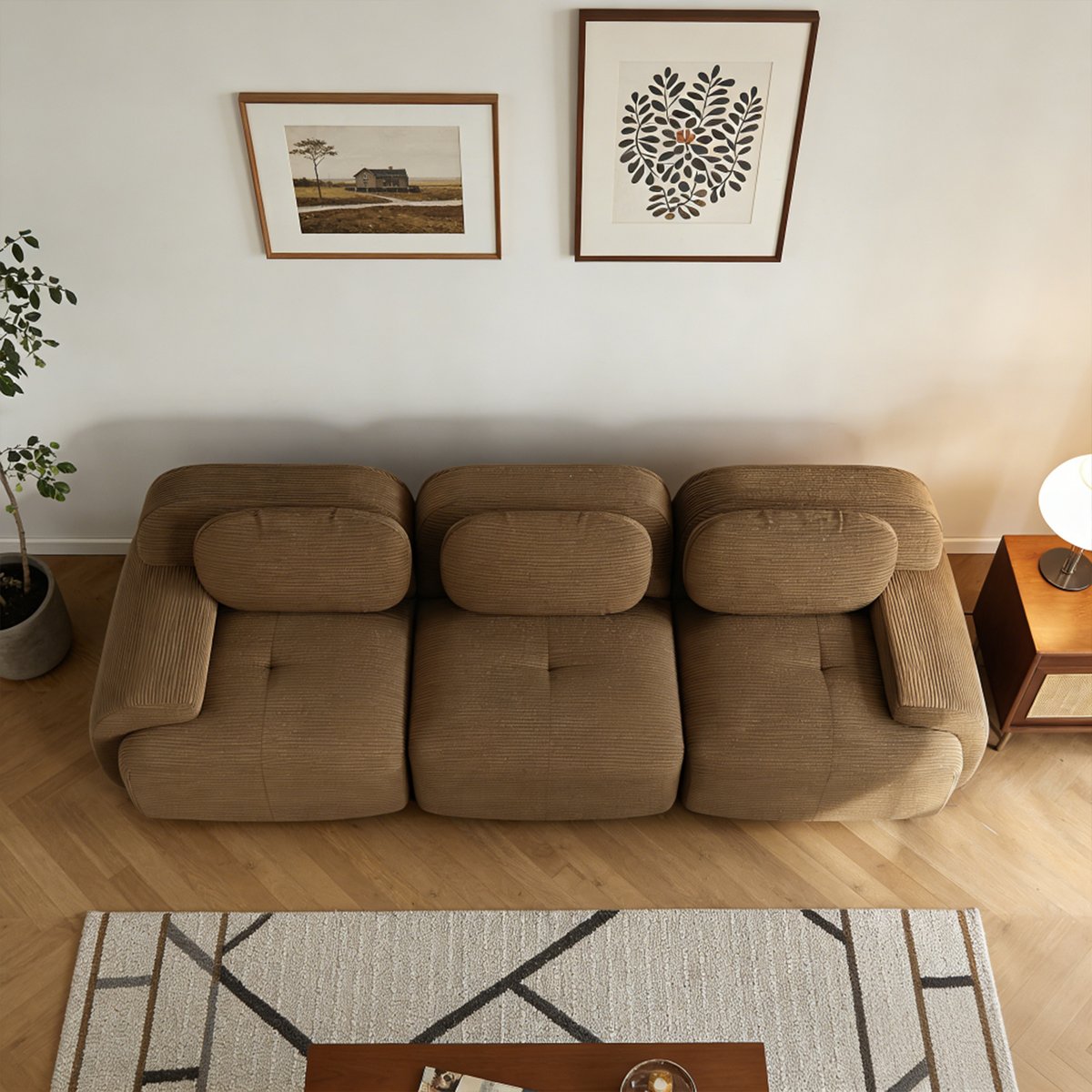 Canapé droit 3 places en velours côtelé design moderne, SNOW marron, MEUBLES COSY