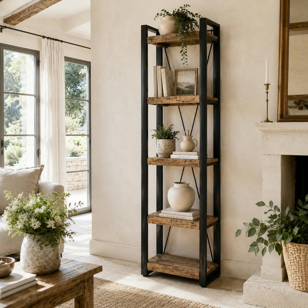 Colonne de salon bois métal 5 plateaux KARGO bois naturel, PIER IMPORT