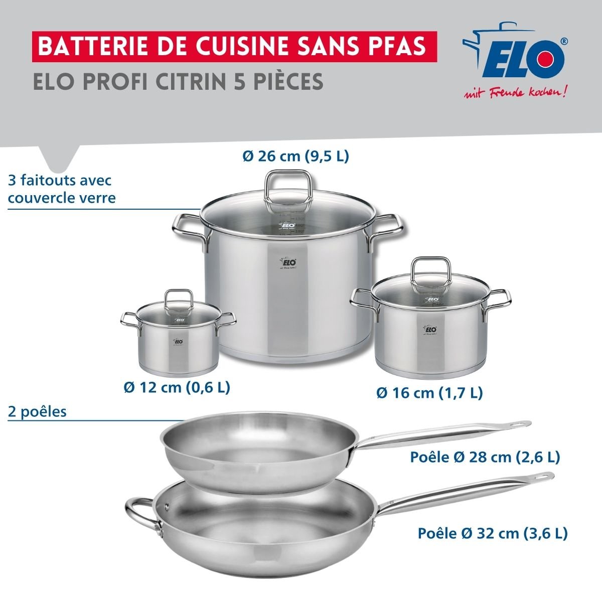 Batterie 2 poêles 28/32cm + 3 faitouts 12/16/26cm PROFI CITRIN inox, ELO