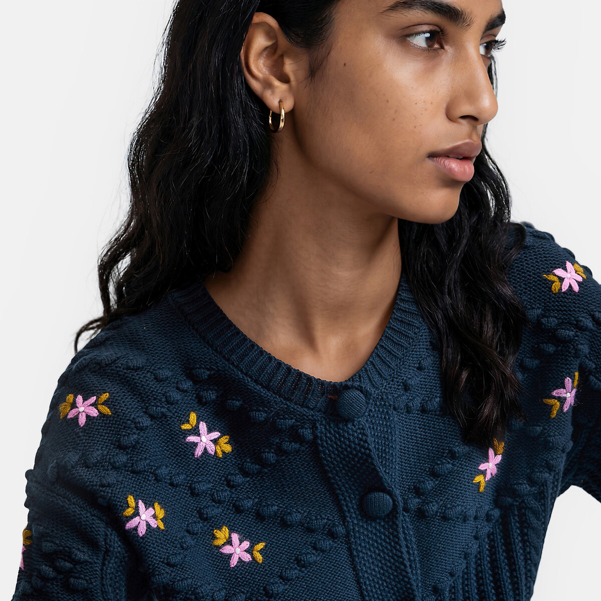 Vest met bloemenborduursel, met een striklintje in de taille marineblauw, LA REDOUTE COLLECTIONS