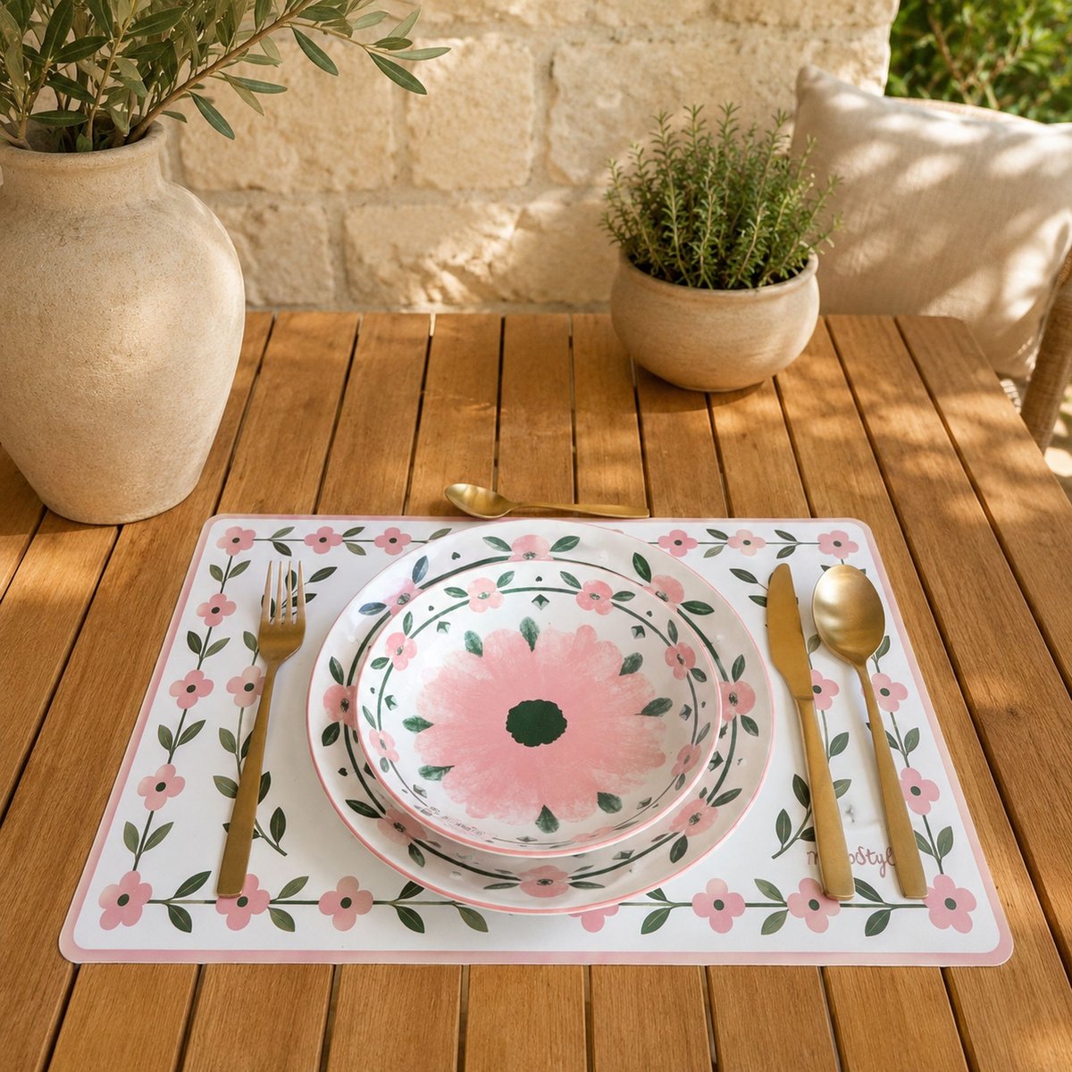 Lot de 6 assiettes creuses 20cm en porcelaine, PRIMAVERA blanc-rose, NOVASTYL