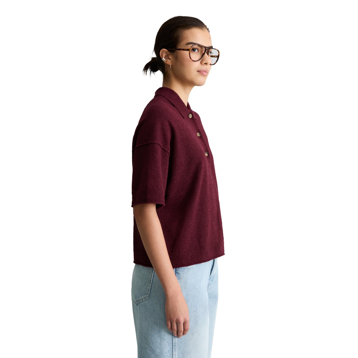 Polo en tricot régulier en mélange Crinkled Organic Cotton rouge foncé, MARC O’POLO DENIM