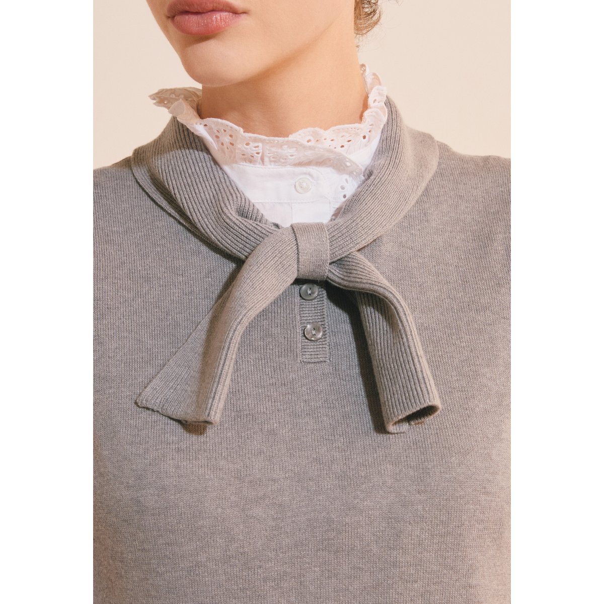 Pull sans manches avec lien à nouer en coton SORAYA gris clair, ETAM