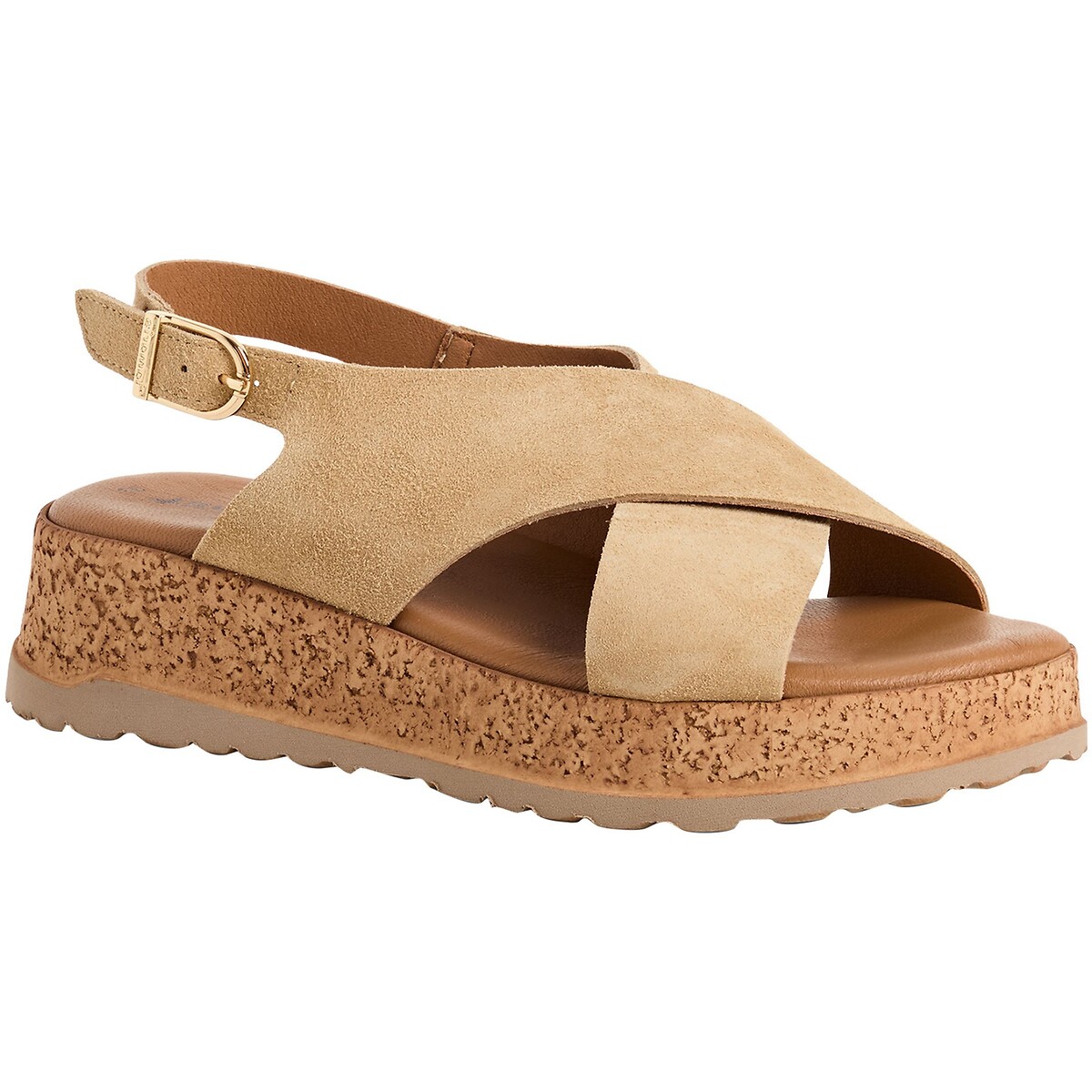 Sandales compensées en cuir beige, TAMARIS