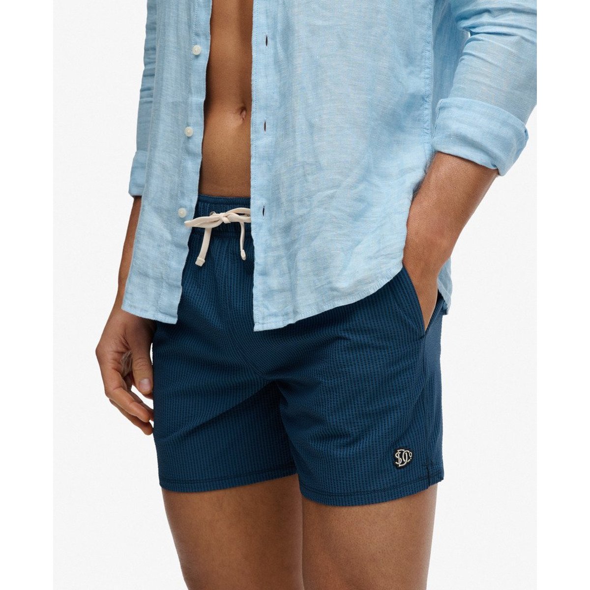 Short de bain Seer Sucker 15 pouces bleu atlantique/rayure bleu bouteille, SUPERDRY