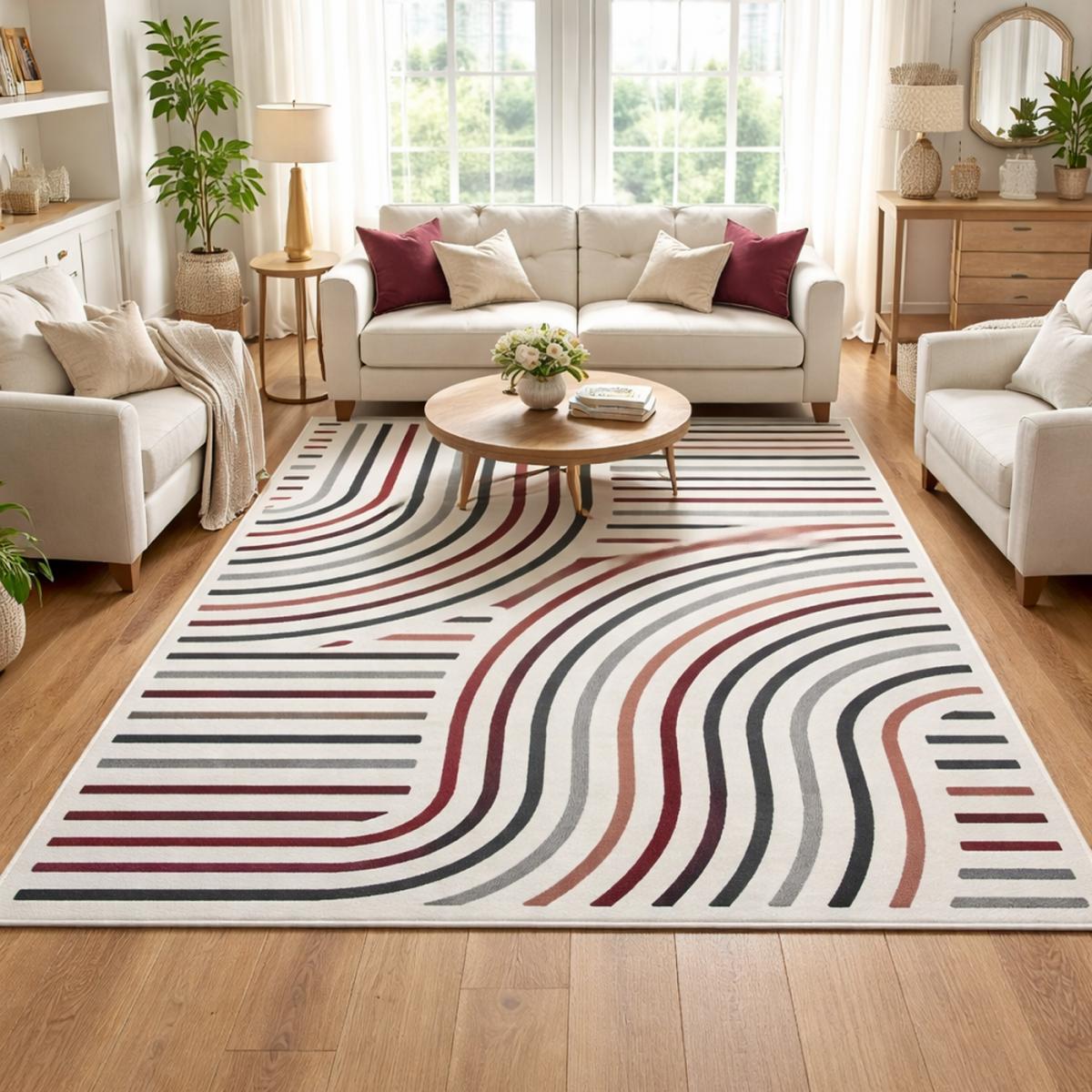 Tapis salon et chambre tissé motif géométrique LYN49 MUCOUR rouge, crème, gris, UN AMOUR DE TAPIS