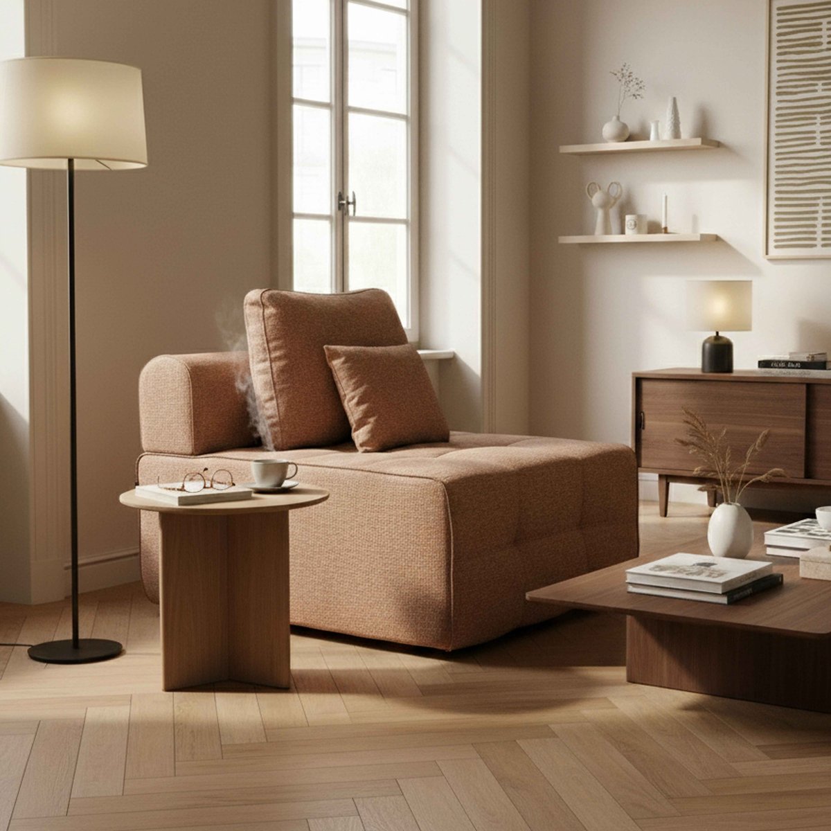 Fauteuil pour canapé modulable assise profonde en tissu avec coussins, SNUGGY terracotta, OVIALA