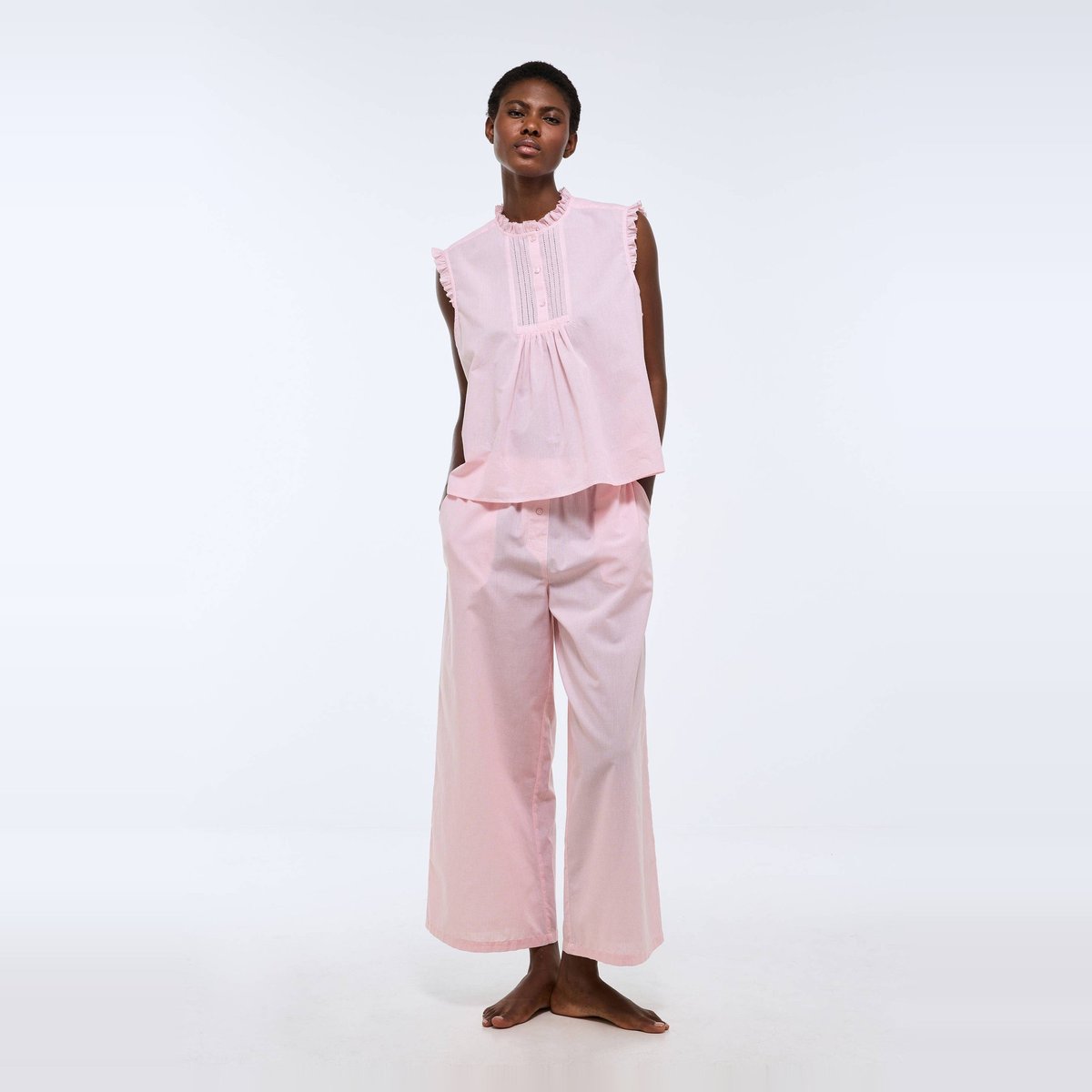 Pyjama uni à manches longues avec détail plastron en coton BIO blanc, MONOPRIX