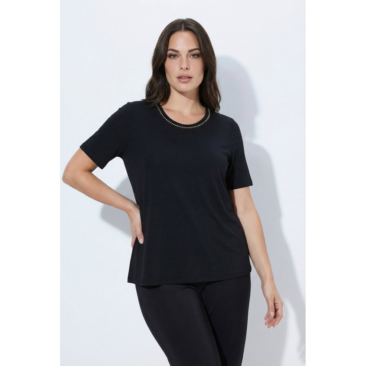 T-shirt en lyocell, pierres fantaisie noir, ULLA POPKEN