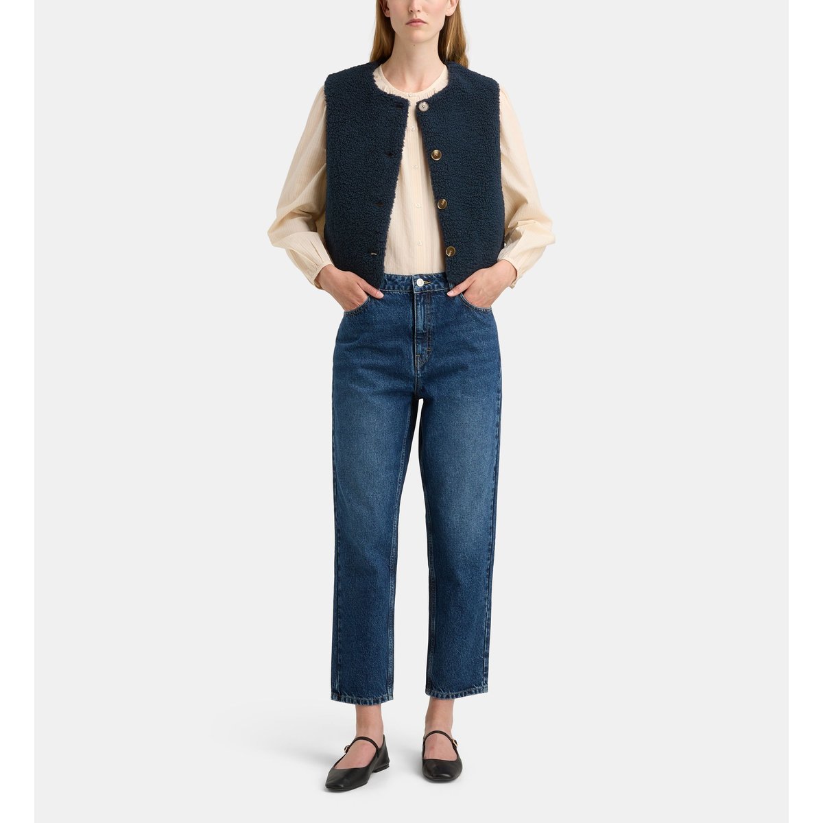 Veste droite courte enola sans manches effet sherpa bleu marine, GALERIES LAFAYETTE