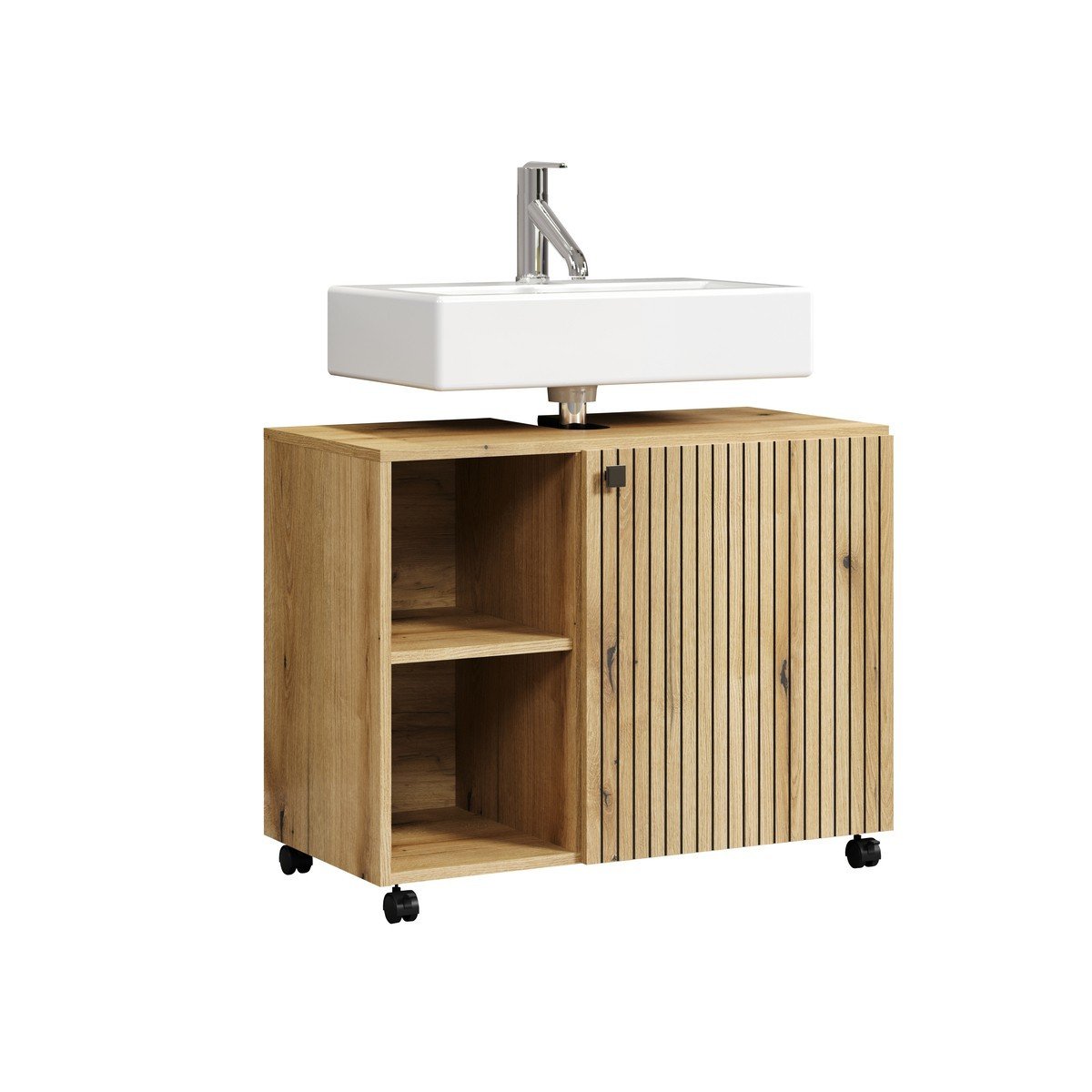 Meuble sous vasque sur roulettes 1 porte et 2 niches L80 cm - PUREBLISS chêne blond et noir mat, CALICOSY