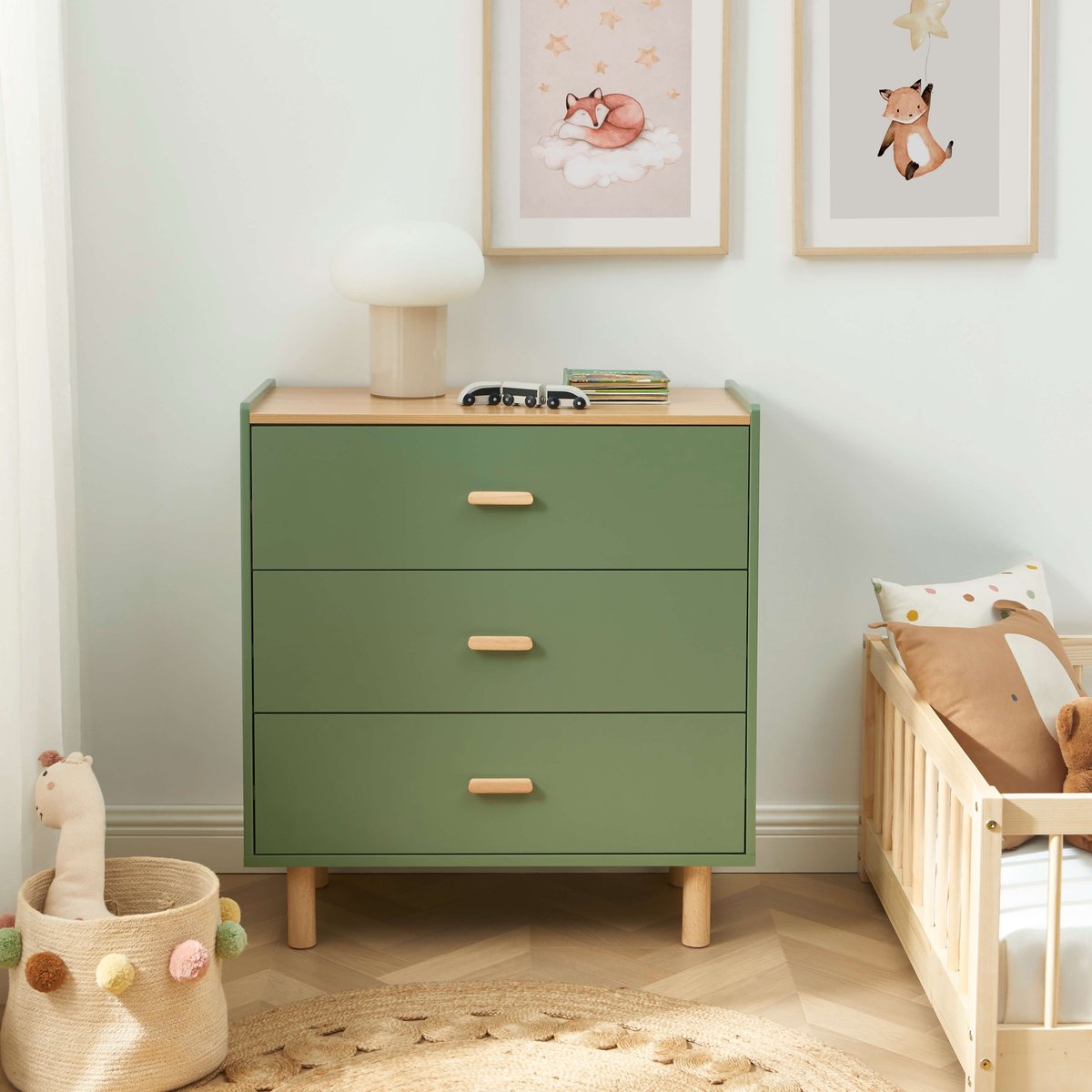 Commode enfant 3 tiroirs AURA vert et chêne clair, BAÏTA